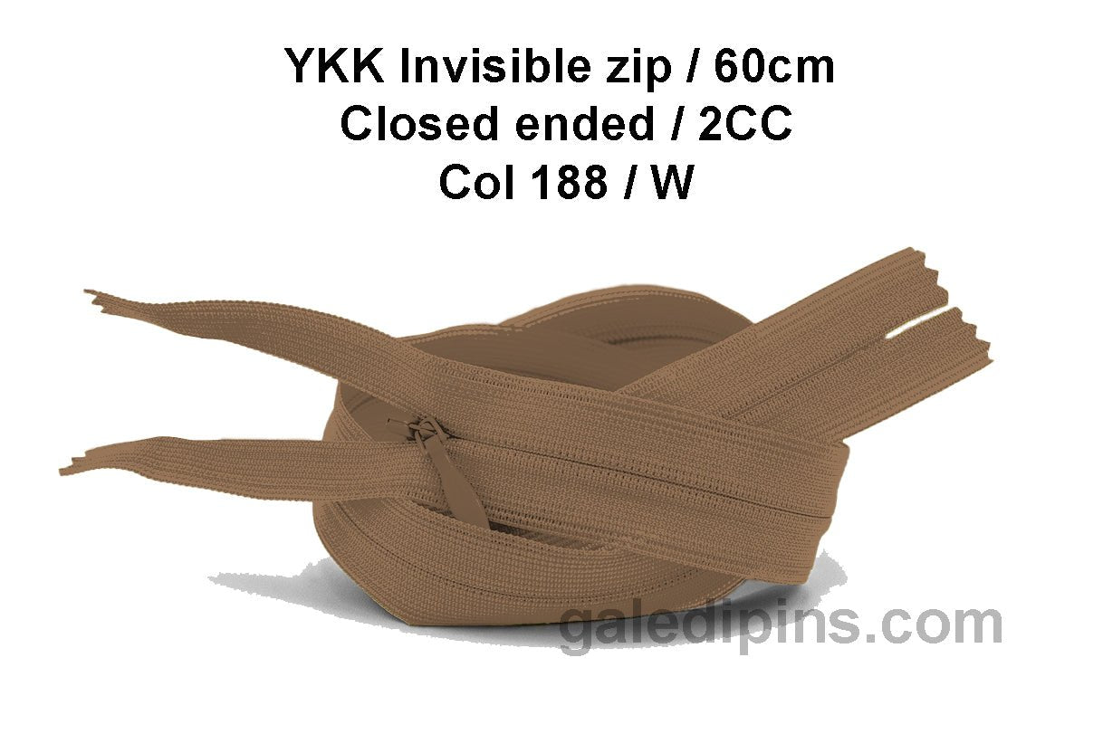YKK Closed Ended Invisible 60cm Zip, 2cc - SHADE CARD U to Y - Galedi Pins
