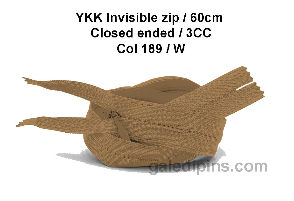 YKK Closed Ended Invisible 60cm Zip, 3cc - SHADE CARD U to Y - Galedi Pins