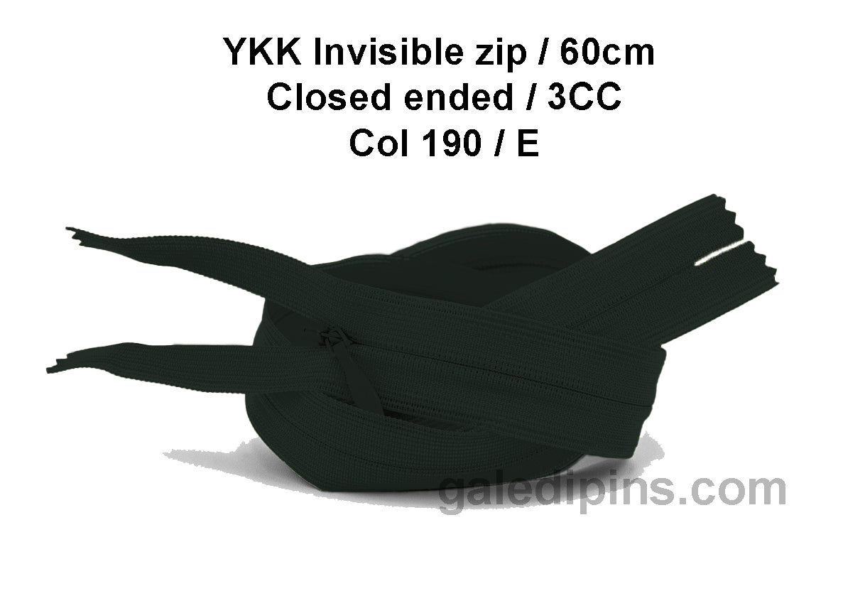 YKK Closed Ended Invisible 60cm Zip, 3cc - SHADE CARD A to E - Galedi Pins