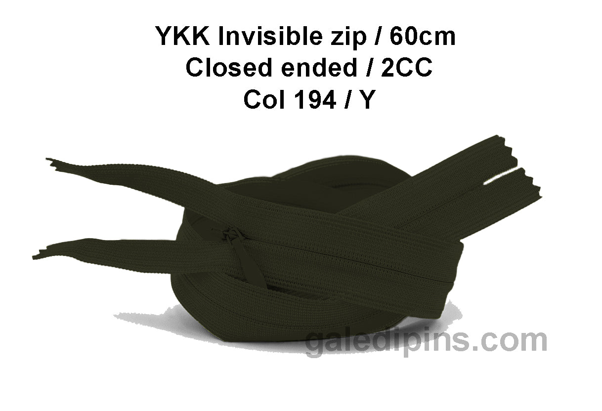 YKK Closed Ended Invisible 60cm Zip, 2cc - SHADE CARD U to Y - Galedi Pins