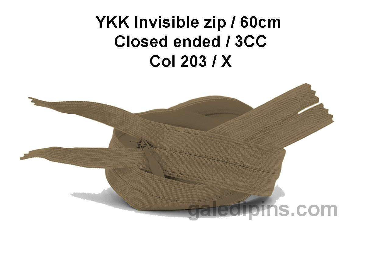 YKK Closed Ended Invisible 60cm Zip, 3cc - SHADE CARD U to Y - Galedi Pins