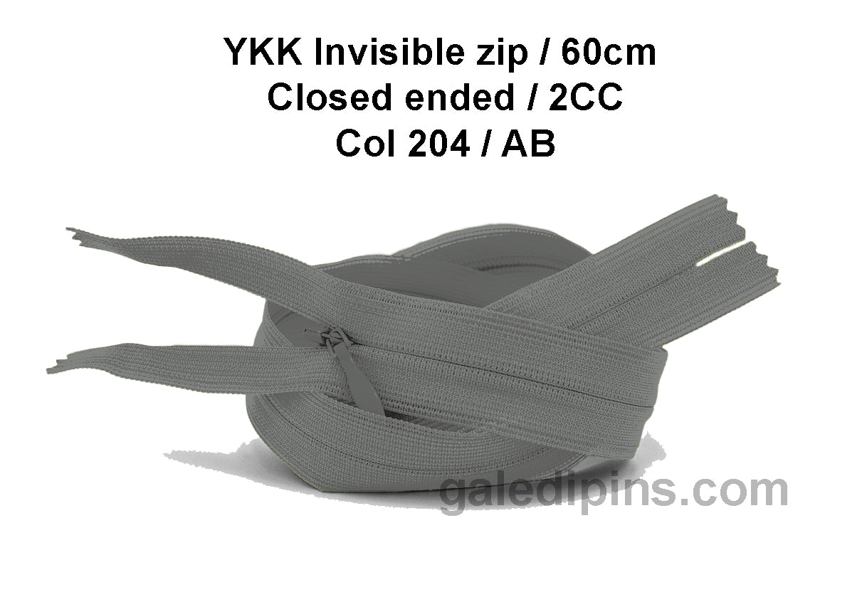YKK Closed Ended Invisible 60cm Zip, 2cc - SHADE CARD Z to AD - Galedi Pins