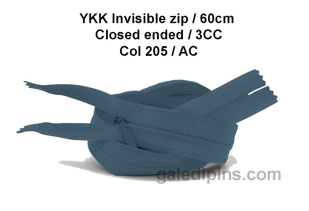 YKK Closed Ended Invisible 60cm Zip, 3cc - SHADE CARD Z to AD - Galedi Pins