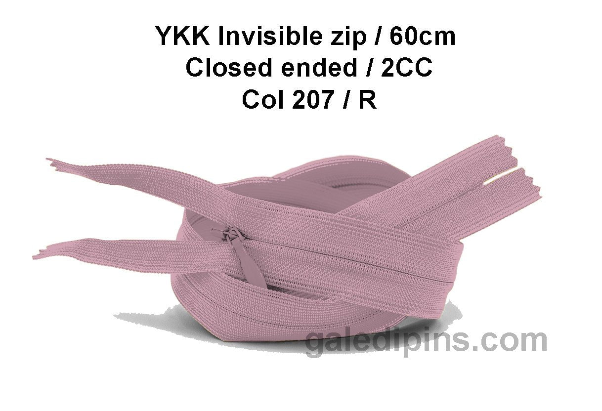 YKK Closed Ended Invisible 60cm Zip, 2cc - SHADE CARD P to T - Galedi Pins