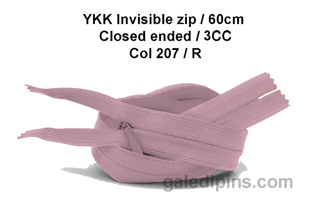 YKK Closed Ended Invisible 60cm Zip, 3cc - SHADE CARD P to T - Galedi Pins