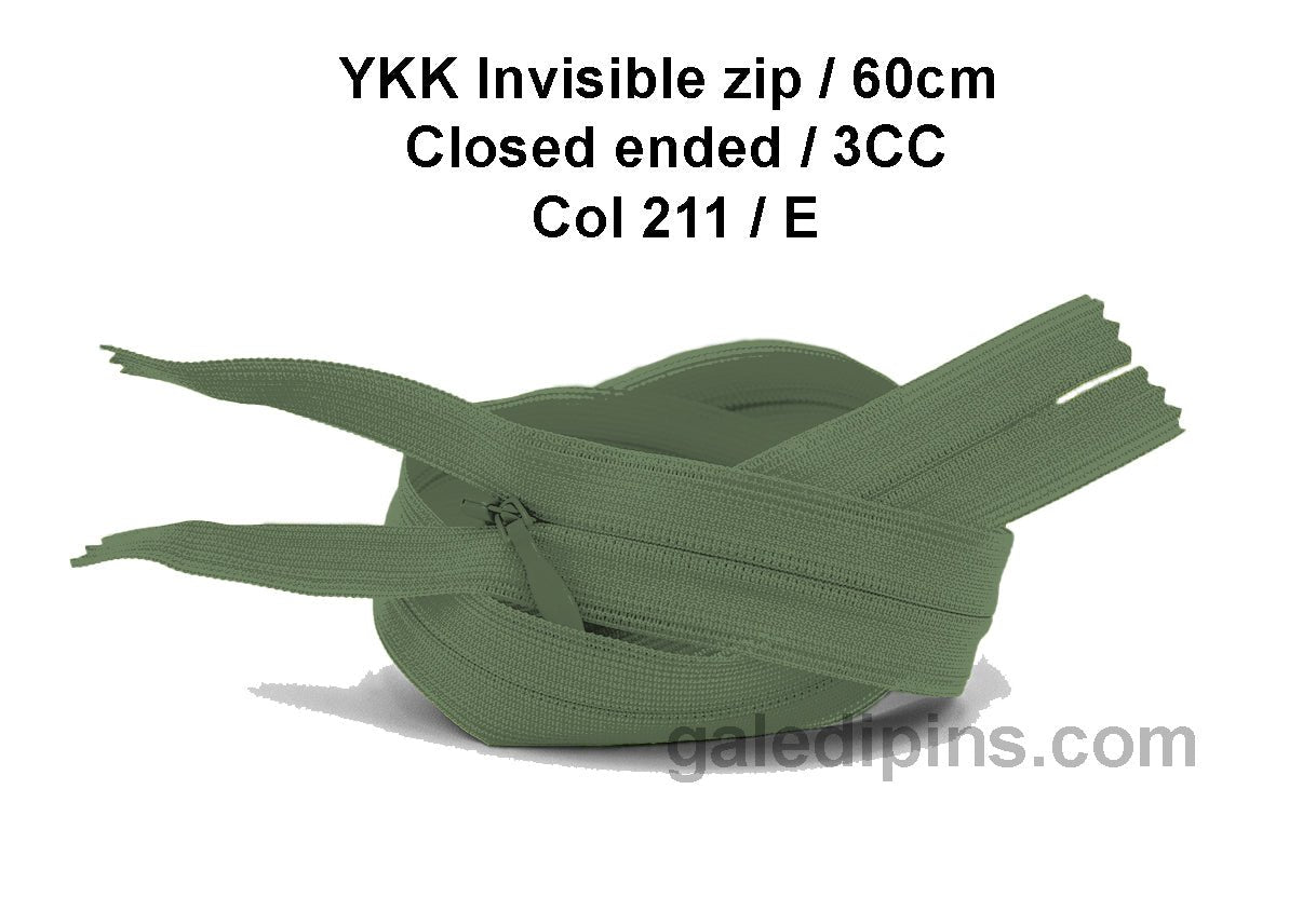 YKK Closed Ended Invisible 60cm Zip, 3cc - SHADE CARD A to E - Galedi Pins