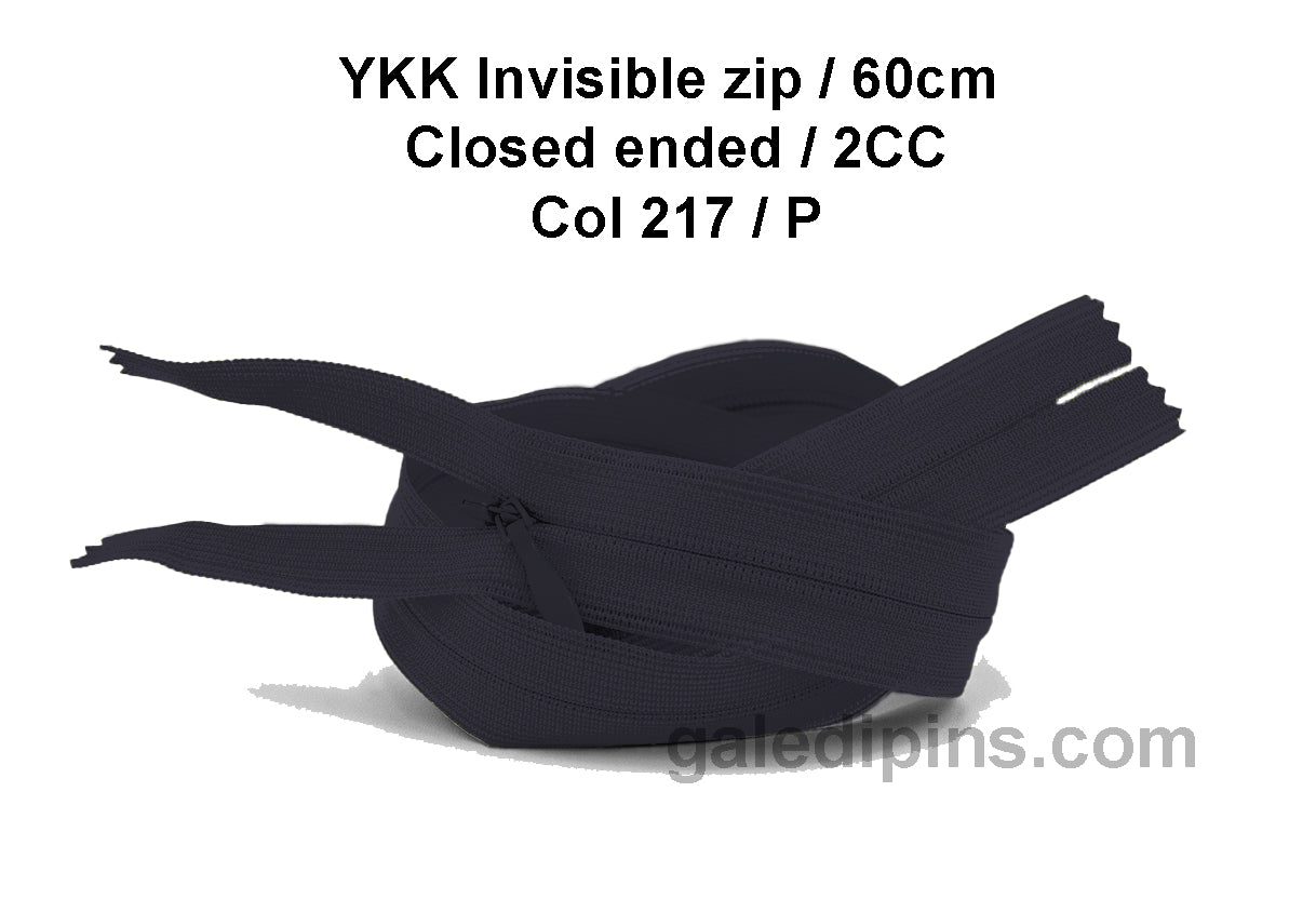 YKK Closed Ended Invisible 60cm Zip, 2cc - SHADE CARD P to T - Galedi Pins
