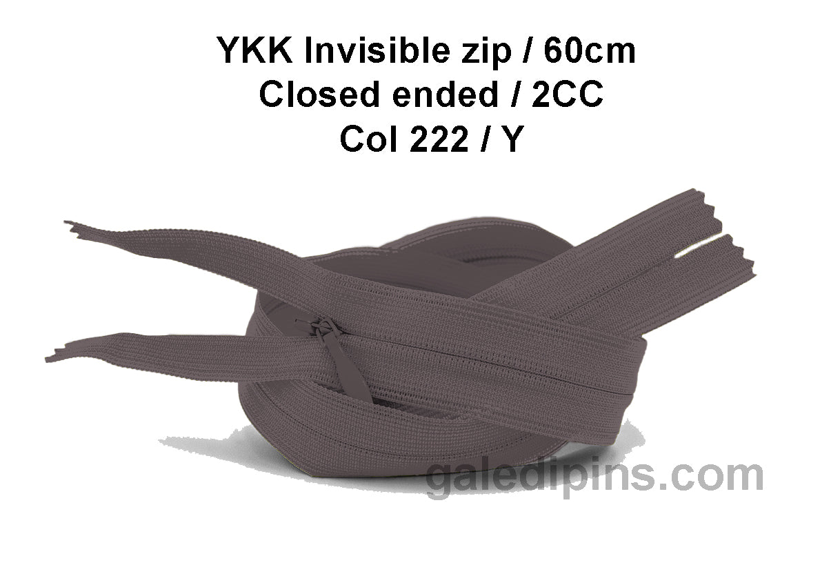 YKK Closed Ended Invisible 60cm Zip, 2cc - SHADE CARD U to Y - Galedi Pins