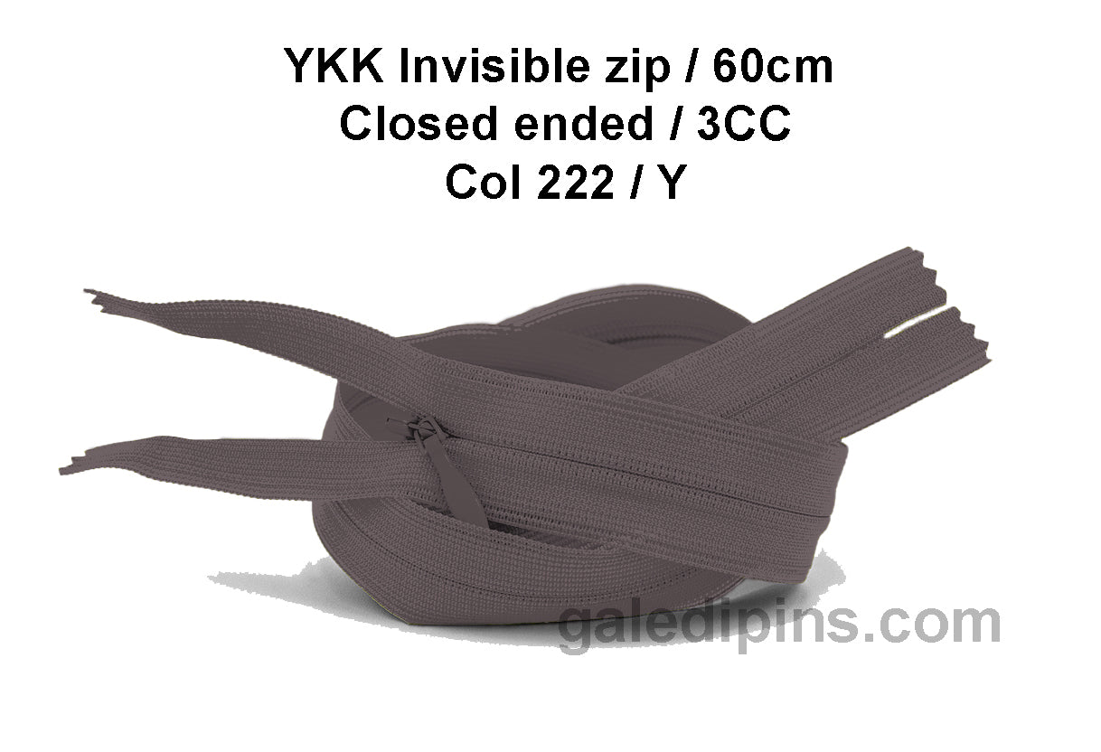 YKK Closed Ended Invisible 60cm Zip, 3cc - SHADE CARD U to Y - Galedi Pins