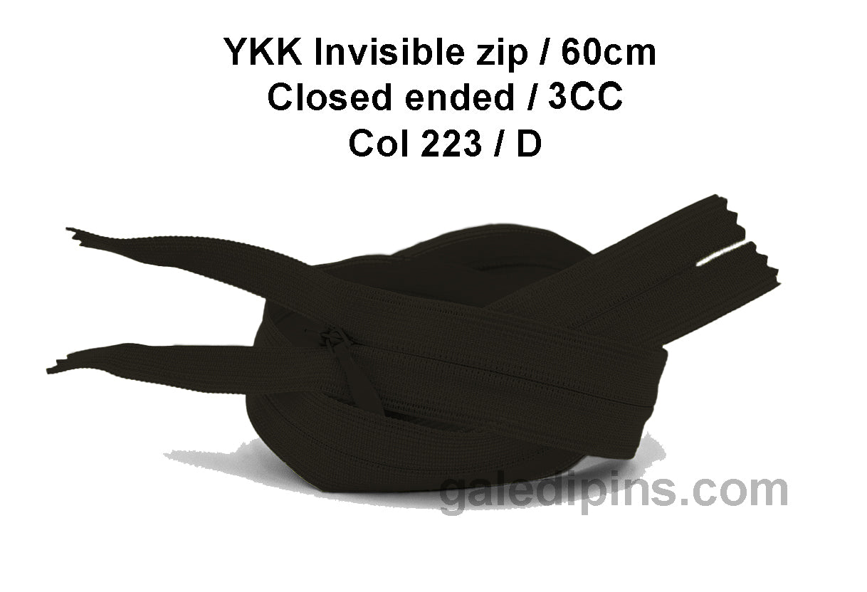 YKK Closed Ended Invisible 60cm Zip, 3cc - SHADE CARD A to E - Galedi Pins
