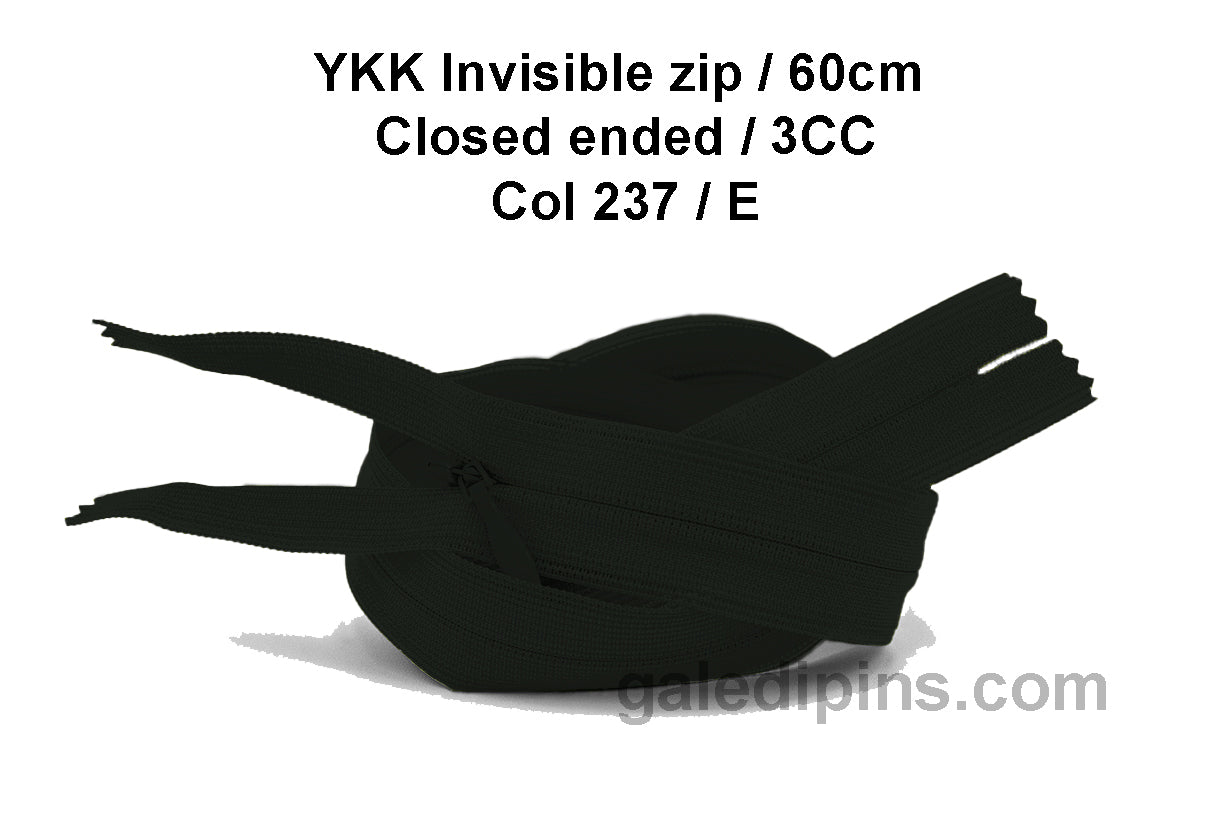 YKK Closed Ended Invisible 60cm Zip, 3cc - SHADE CARD A to E - Galedi Pins