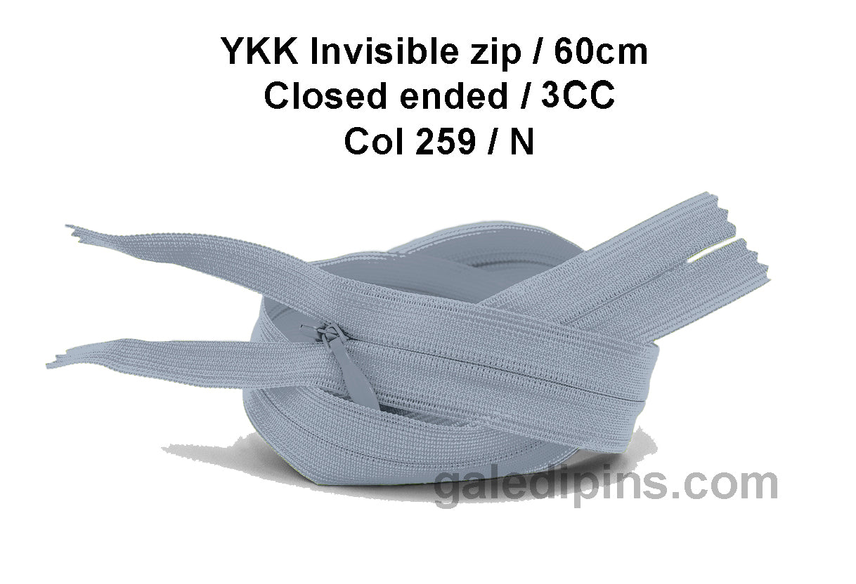 YKK Closed Ended Invisible 60cm Zip, 3cc - SHADE CARD K to O - Galedi Pins