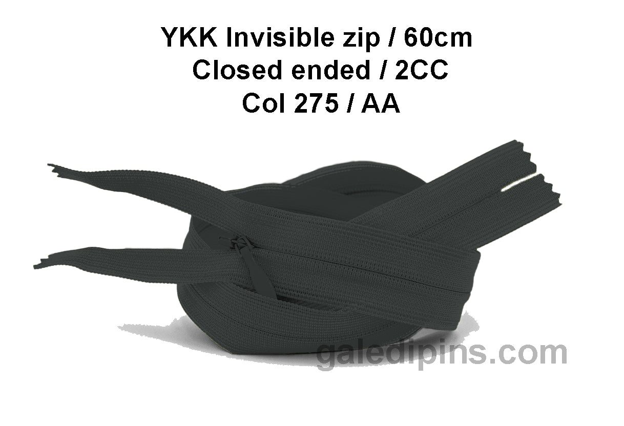 YKK Closed Ended Invisible 60cm Zip, 2cc - SHADE CARD Z to AD - Galedi Pins