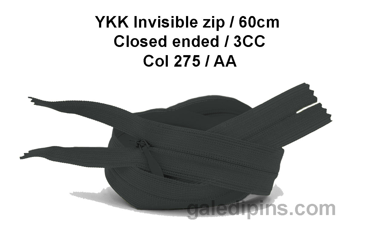 YKK Closed Ended Invisible 60cm Zip, 3cc - SHADE CARD Z to AD - Galedi Pins
