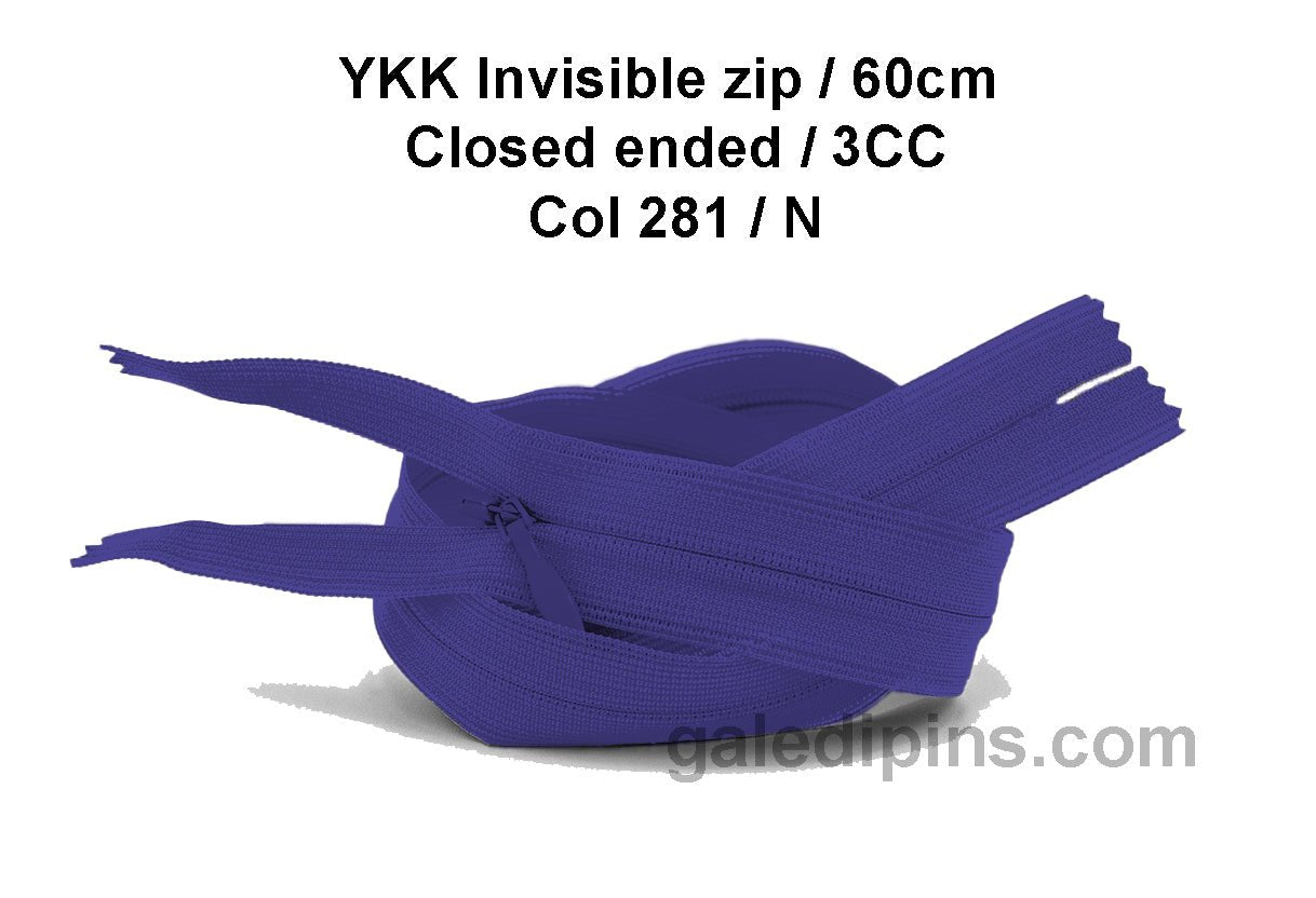 YKK Closed Ended Invisible 60cm Zip, 3cc - SHADE CARD K to O - Galedi Pins