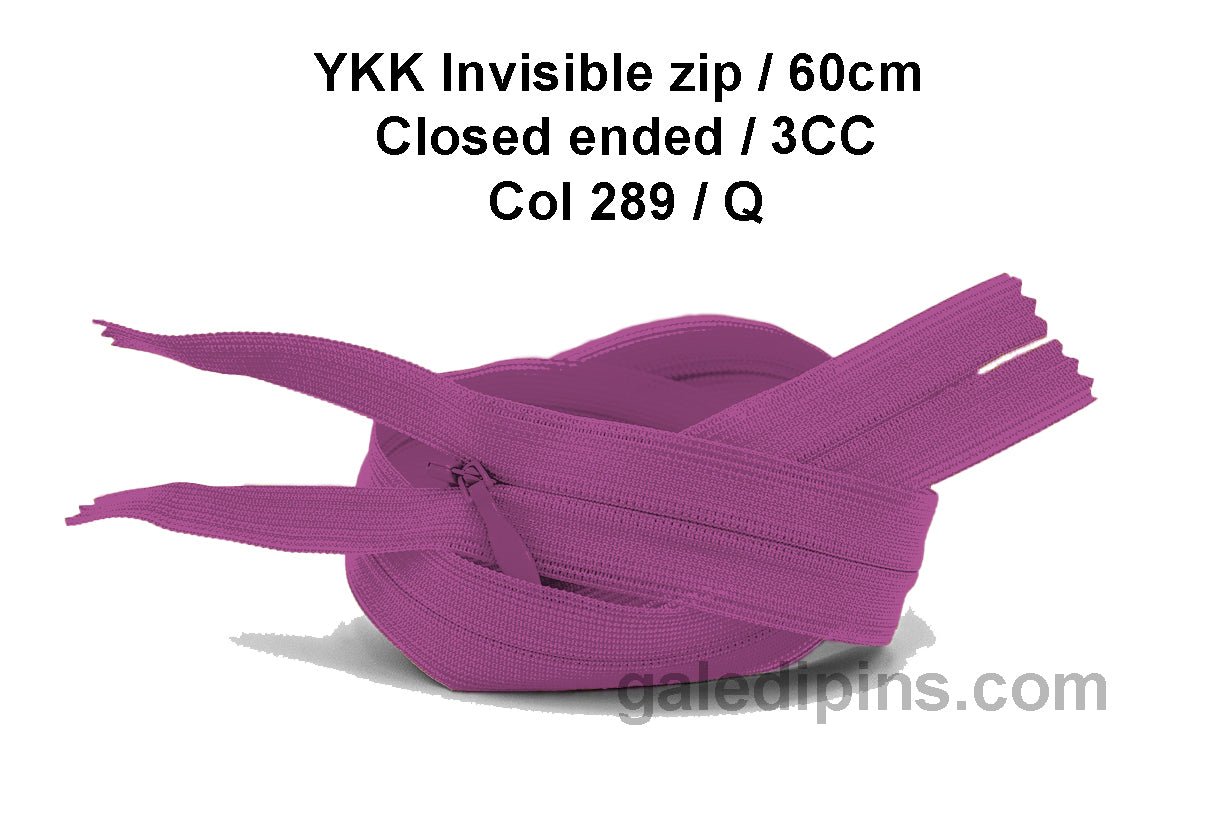 YKK Closed Ended Invisible 60cm Zip, 3cc - SHADE CARD P to T - Galedi Pins