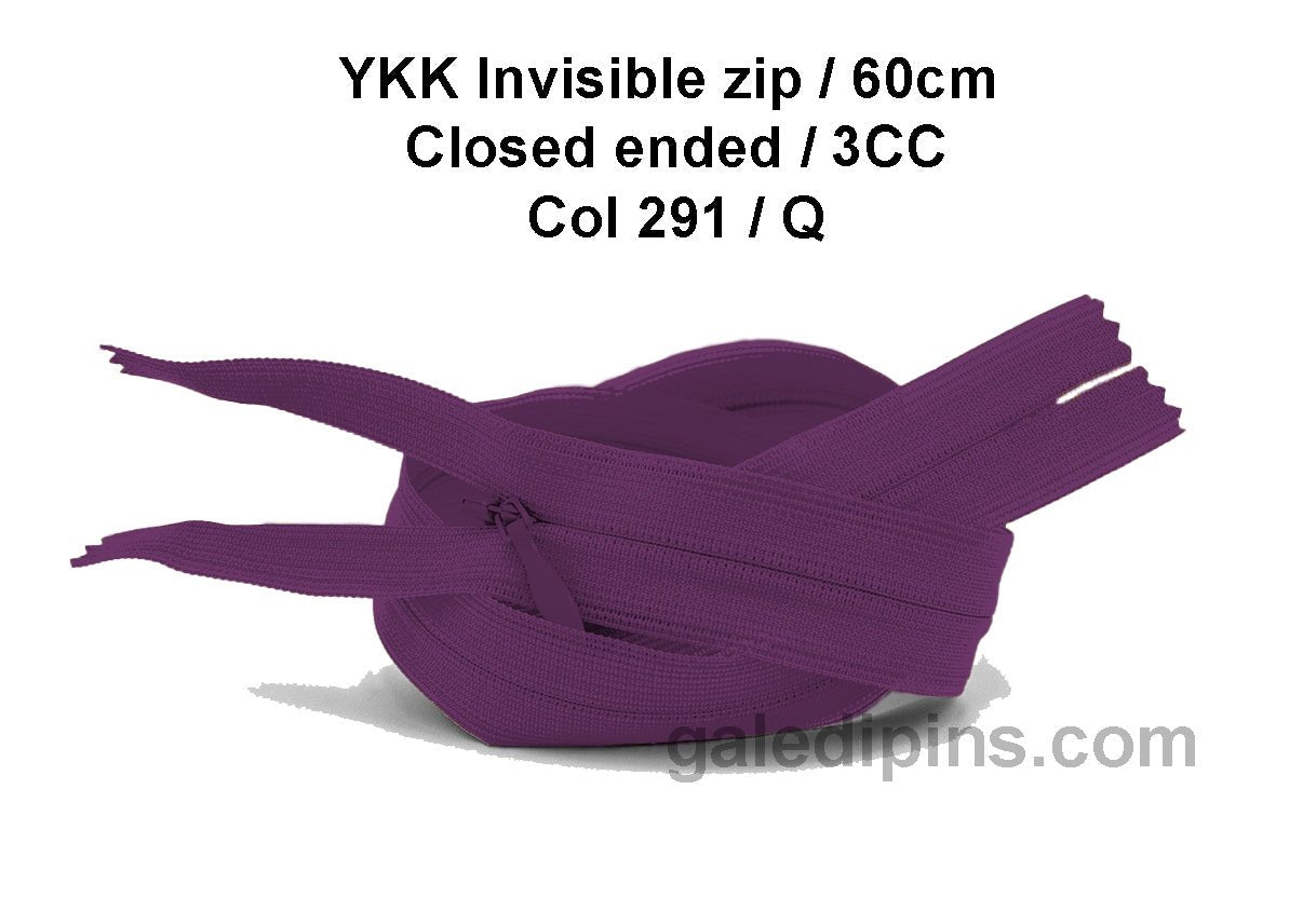 YKK Closed Ended Invisible 60cm Zip, 3cc - SHADE CARD P to T - Galedi Pins