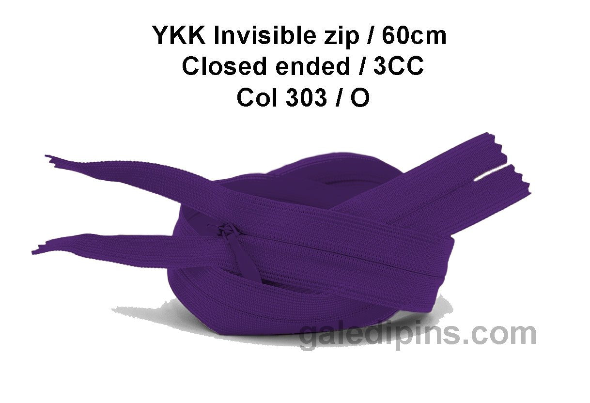 YKK Closed Ended Invisible 60cm Zip, 3cc - SHADE CARD K to O - Galedi Pins