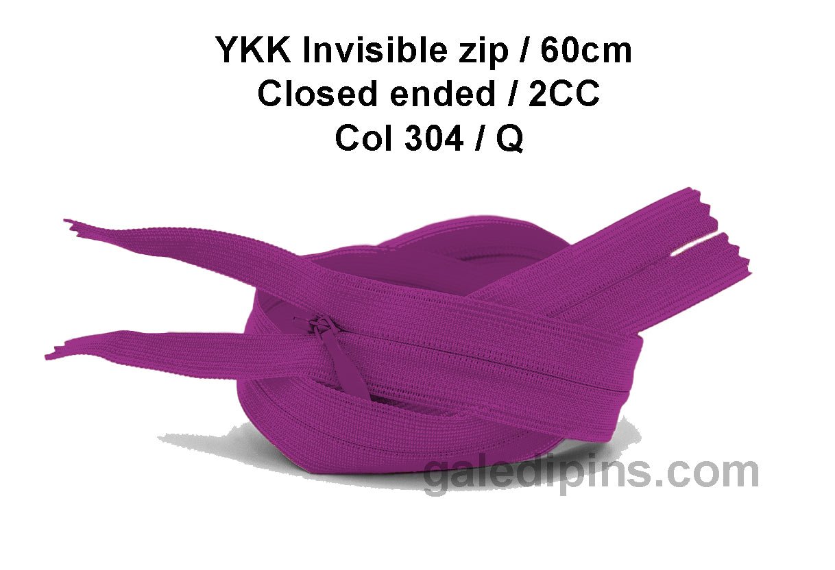 YKK Closed Ended Invisible 60cm Zip, 2cc - SHADE CARD P to T - Galedi Pins