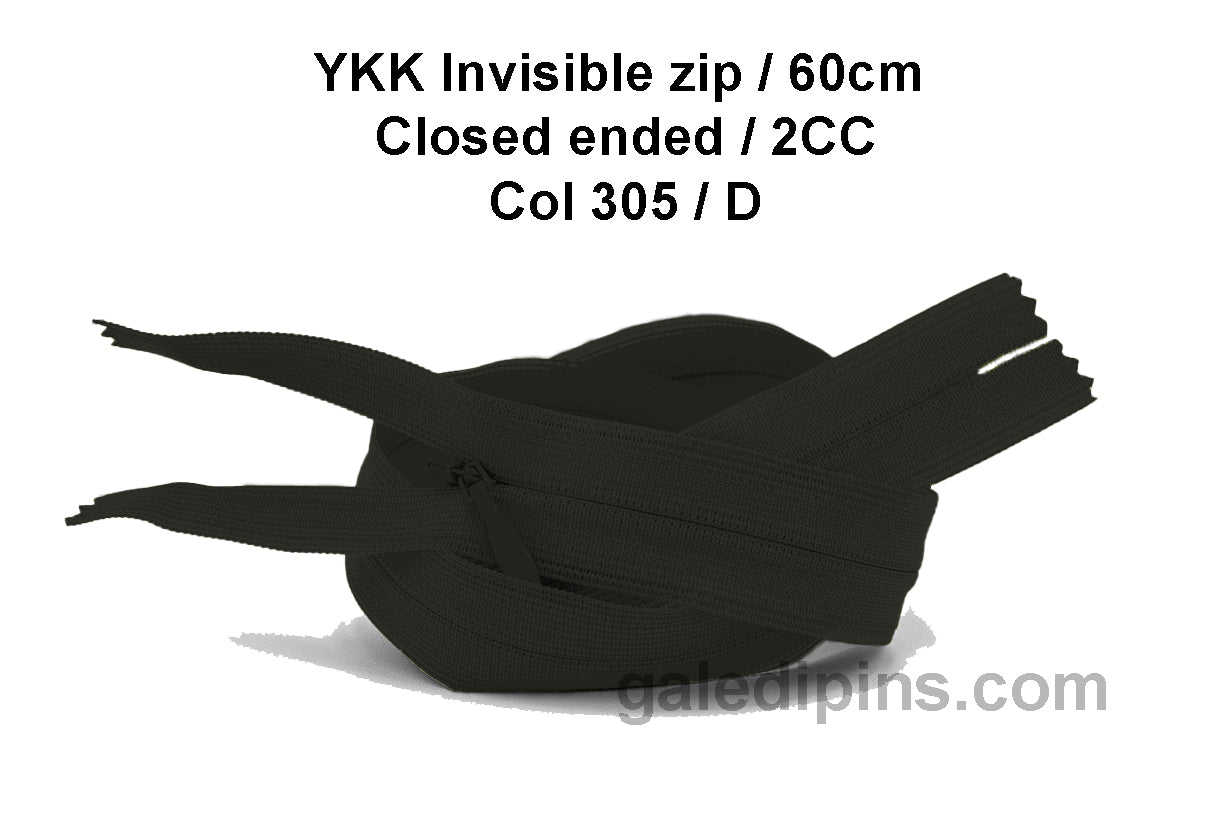 YKK Closed Ended Invisible 60cm Zip, 2cc - SHADE CARD A to E - Galedi Pins