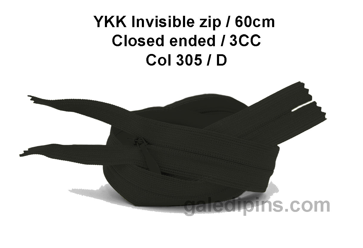 YKK Closed Ended Invisible 60cm Zip, 3cc - SHADE CARD A to E - Galedi Pins