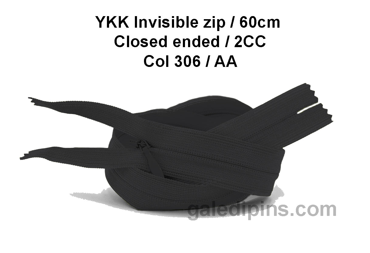 YKK Closed Ended Invisible 60cm Zip, 2cc - SHADE CARD Z to AD - Galedi Pins