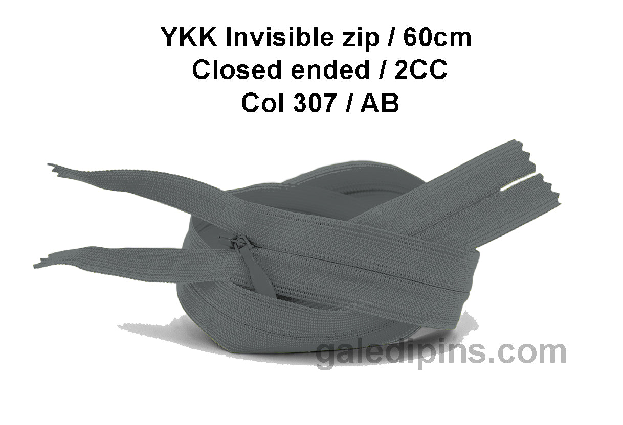 YKK Closed Ended Invisible 60cm Zip, 2cc - SHADE CARD Z to AD - Galedi Pins