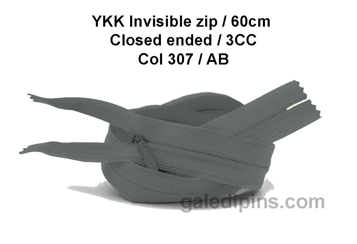 YKK Closed Ended Invisible 60cm Zip, 3cc - SHADE CARD Z to AD - Galedi Pins