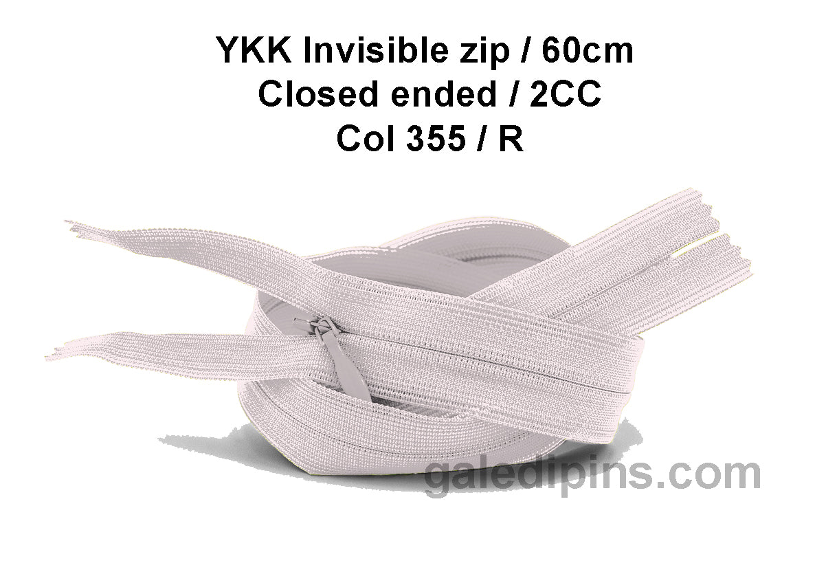 YKK Closed Ended Invisible 60cm Zip, 2cc - SHADE CARD P to T - Galedi Pins