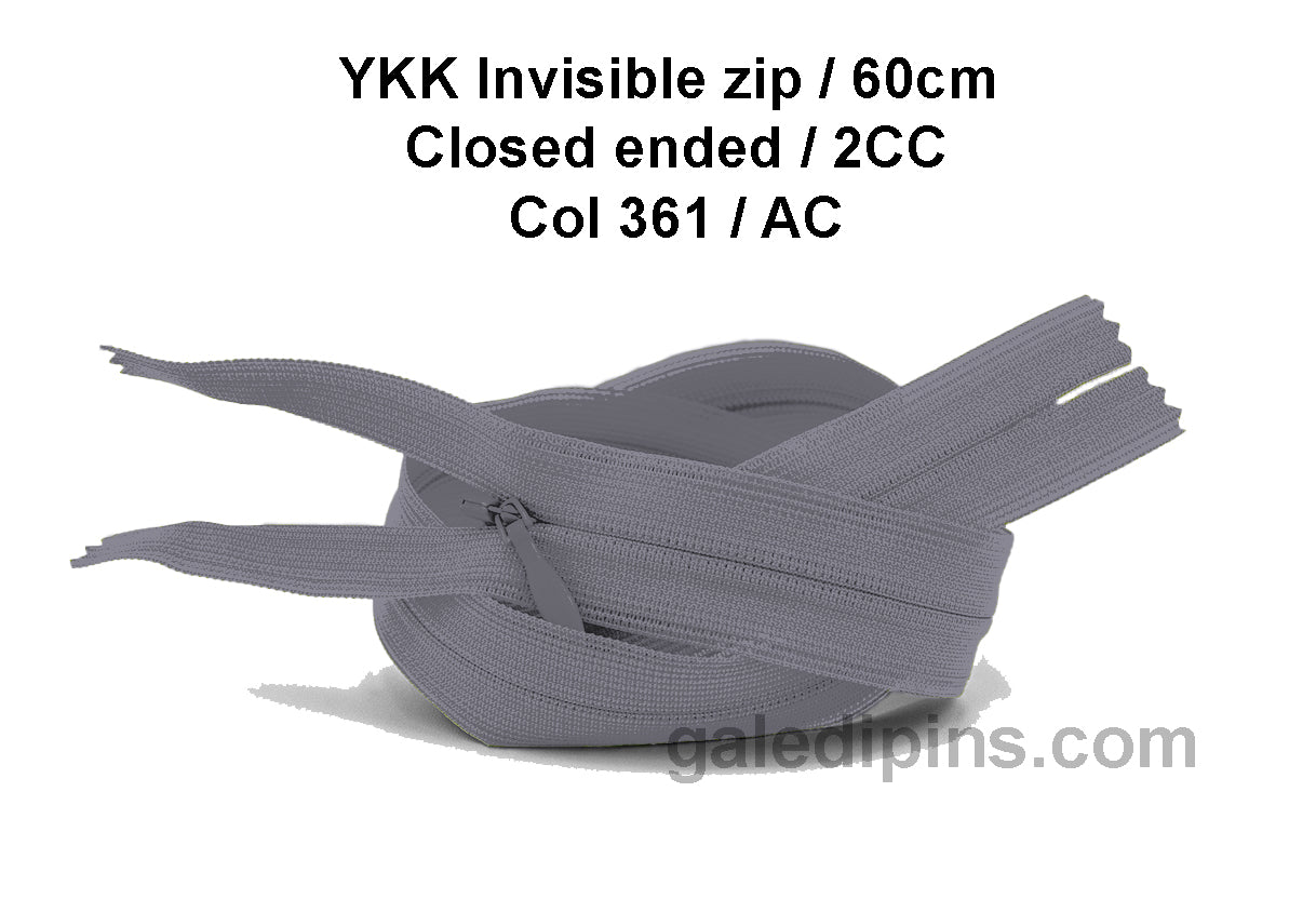 YKK Closed Ended Invisible 60cm Zip, 2cc - SHADE CARD Z to AD - Galedi Pins