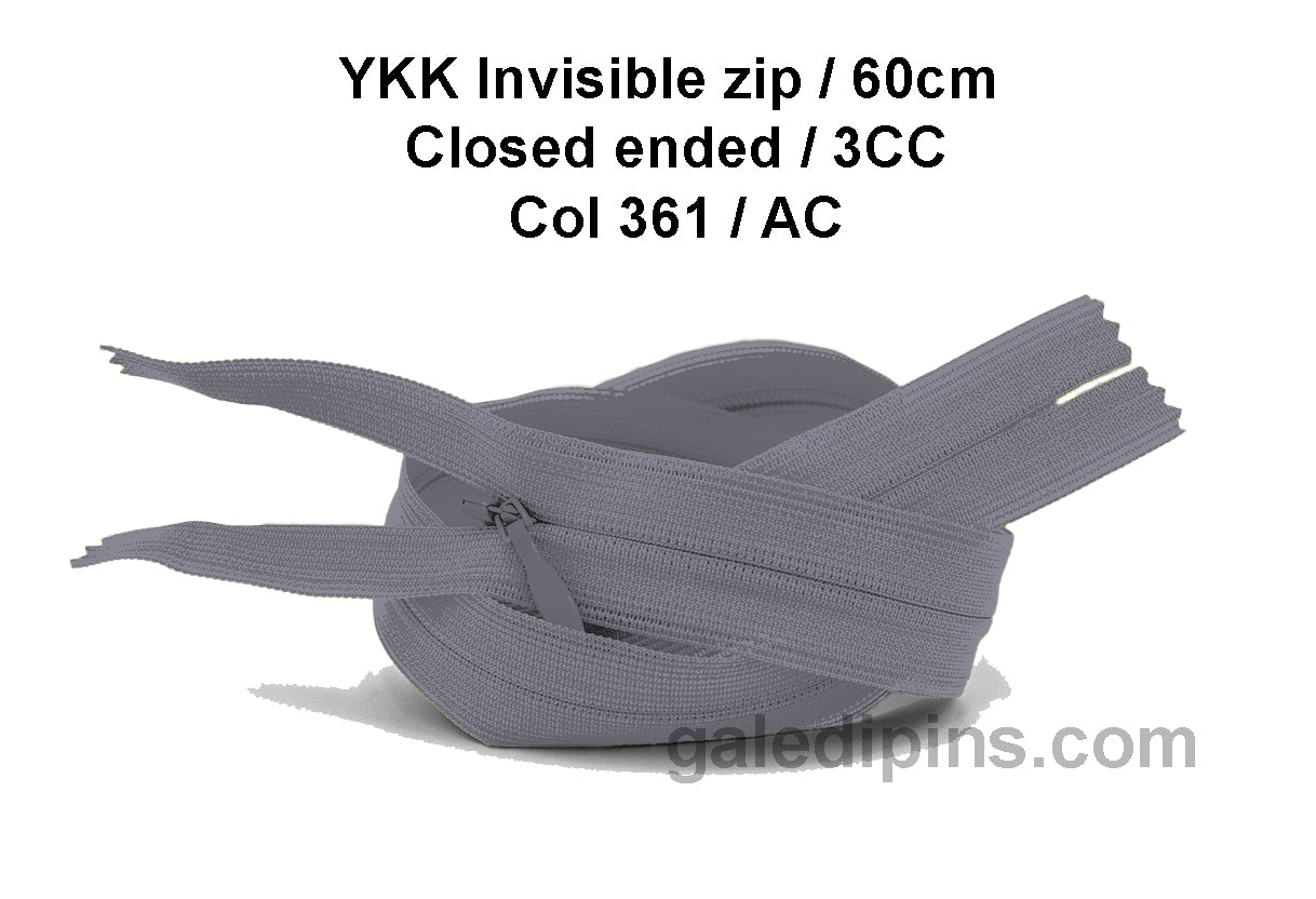 YKK Closed Ended Invisible 60cm Zip, 3cc - SHADE CARD Z to AD - Galedi Pins