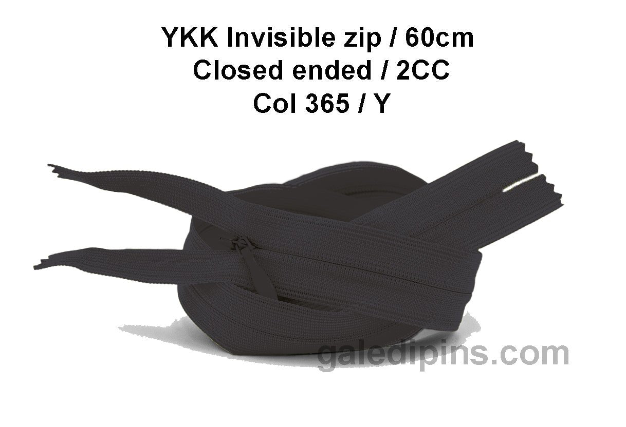 YKK Closed Ended Invisible 60cm Zip, 2cc - SHADE CARD U to Y - Galedi Pins
