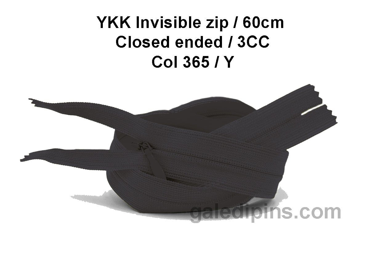 YKK Closed Ended Invisible 60cm Zip, 3cc - SHADE CARD U to Y - Galedi Pins