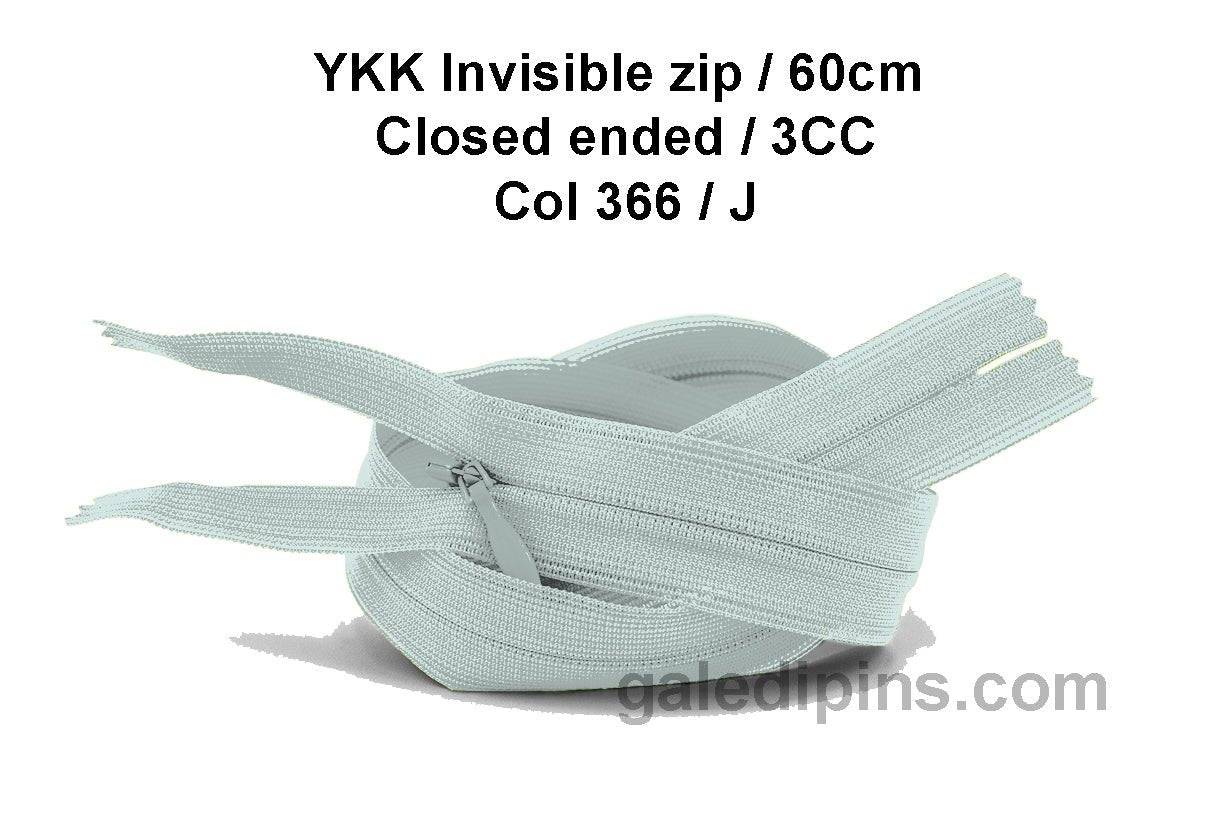 YKK Closed Ended Invisible 60cm Zip, 3cc - SHADE CARD F to J - Galedi Pins