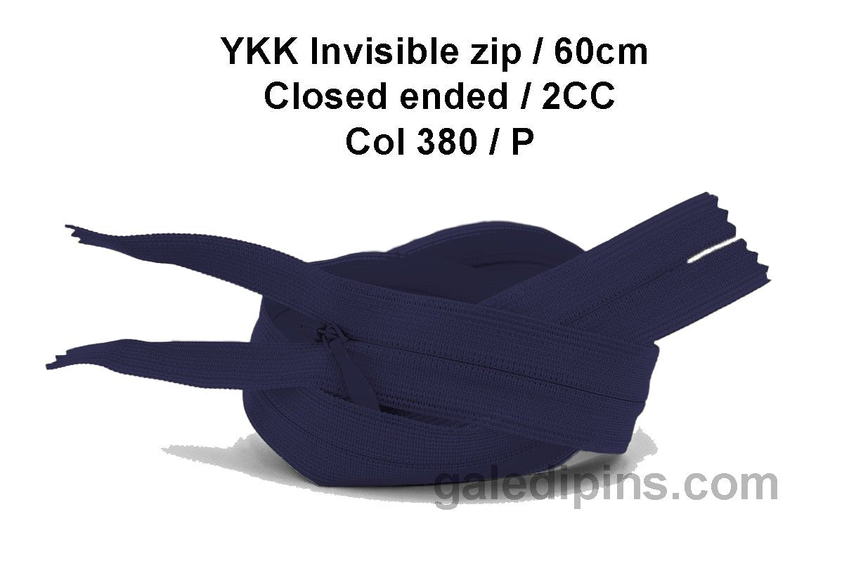 YKK Closed Ended Invisible 60cm Zip, 2cc - SHADE CARD P to T - Galedi Pins