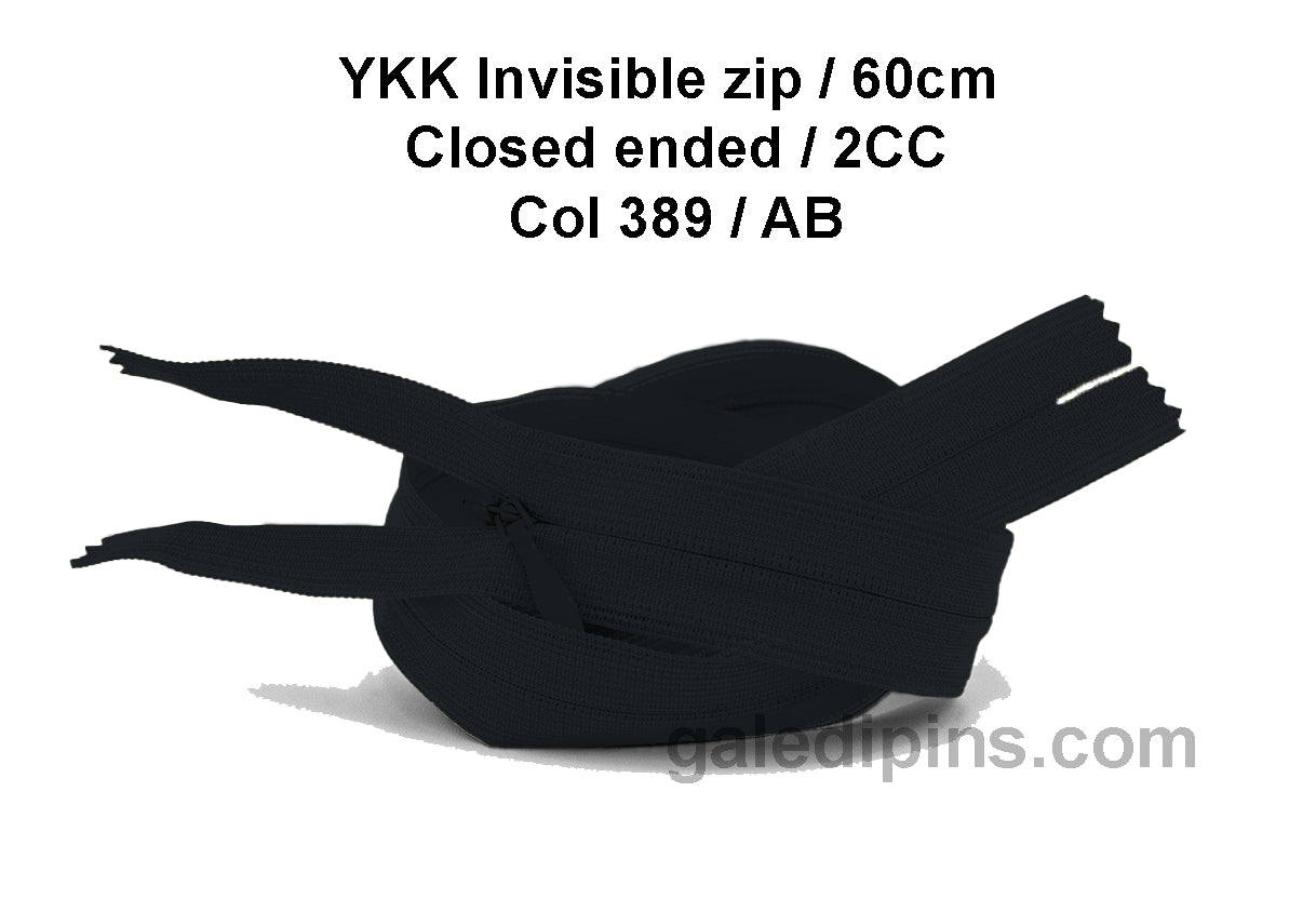 YKK Closed Ended Invisible 60cm Zip, 2cc - SHADE CARD Z to AD - Galedi Pins