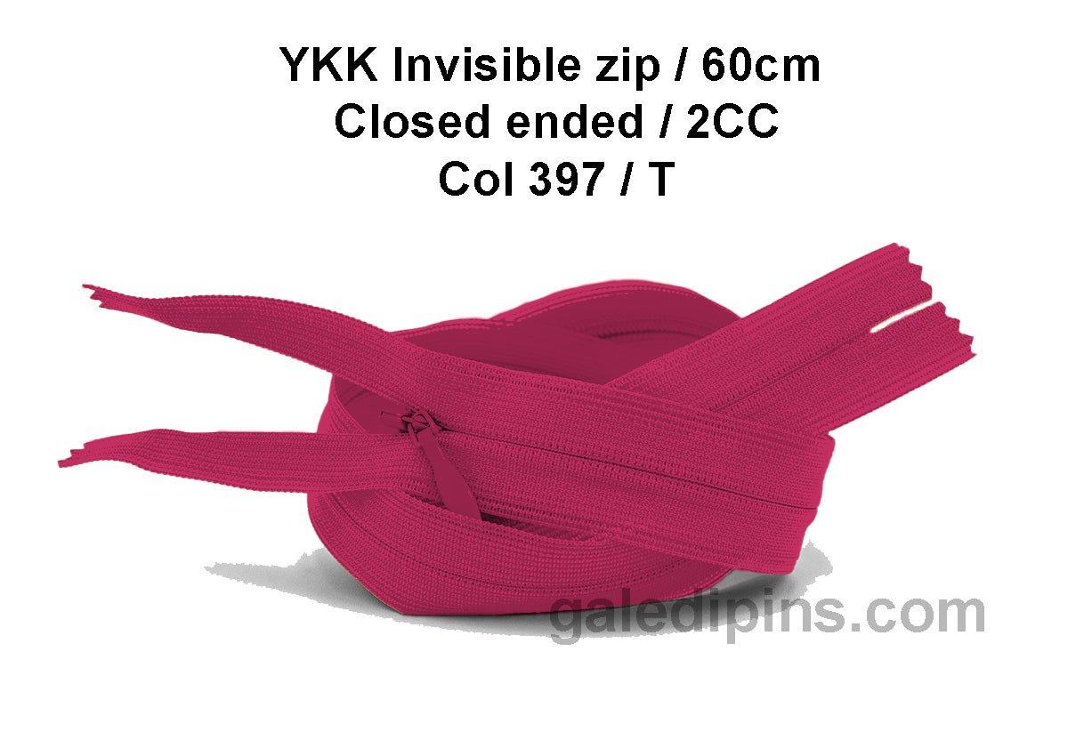YKK Closed Ended Invisible 60cm Zip, 2cc - SHADE CARD P to T - Galedi Pins