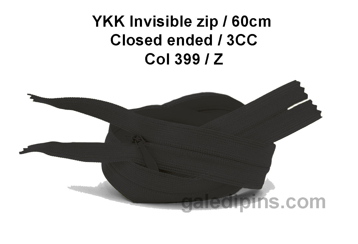 YKK Closed Ended Invisible 60cm Zip, 3cc - SHADE CARD Z to AD - Galedi Pins