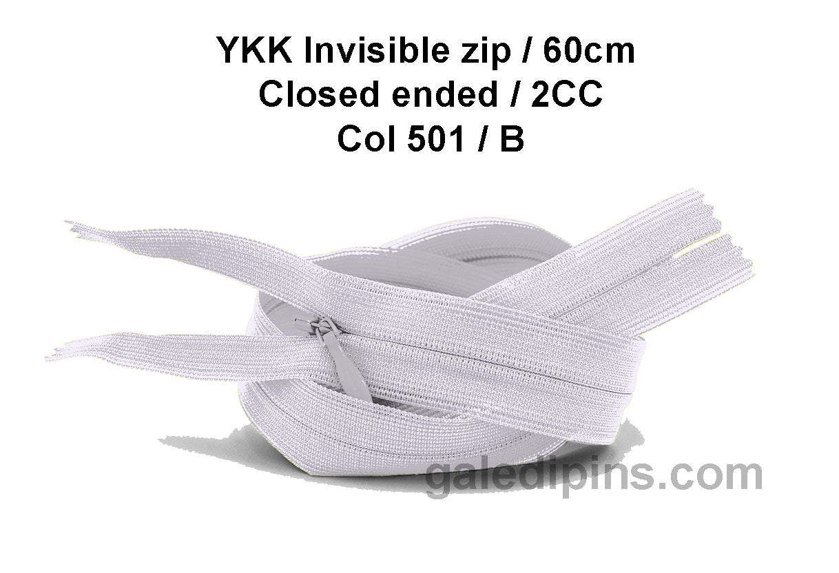 YKK Closed Ended Invisible 60cm Zip, 2cc - SHADE CARD A to E - Galedi Pins