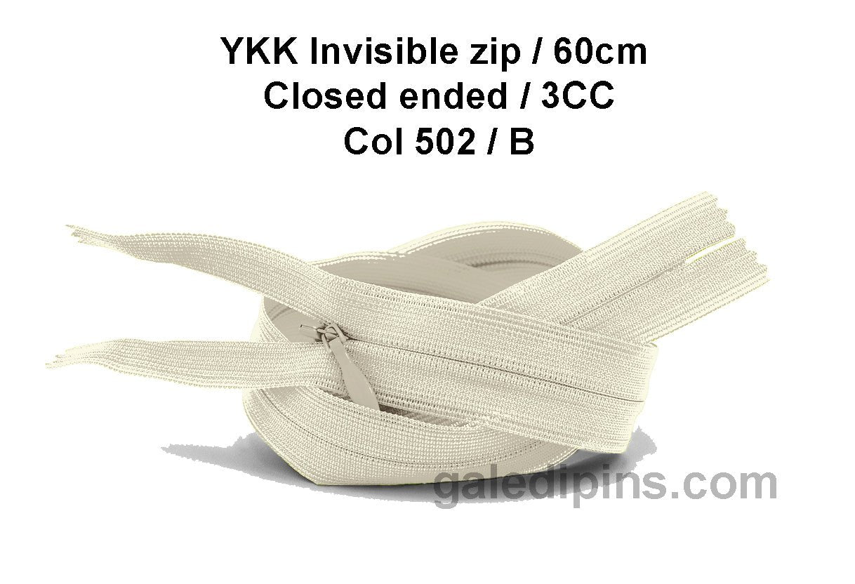 YKK Closed Ended Invisible 60cm Zip, 3cc - SHADE CARD A to E - Galedi Pins