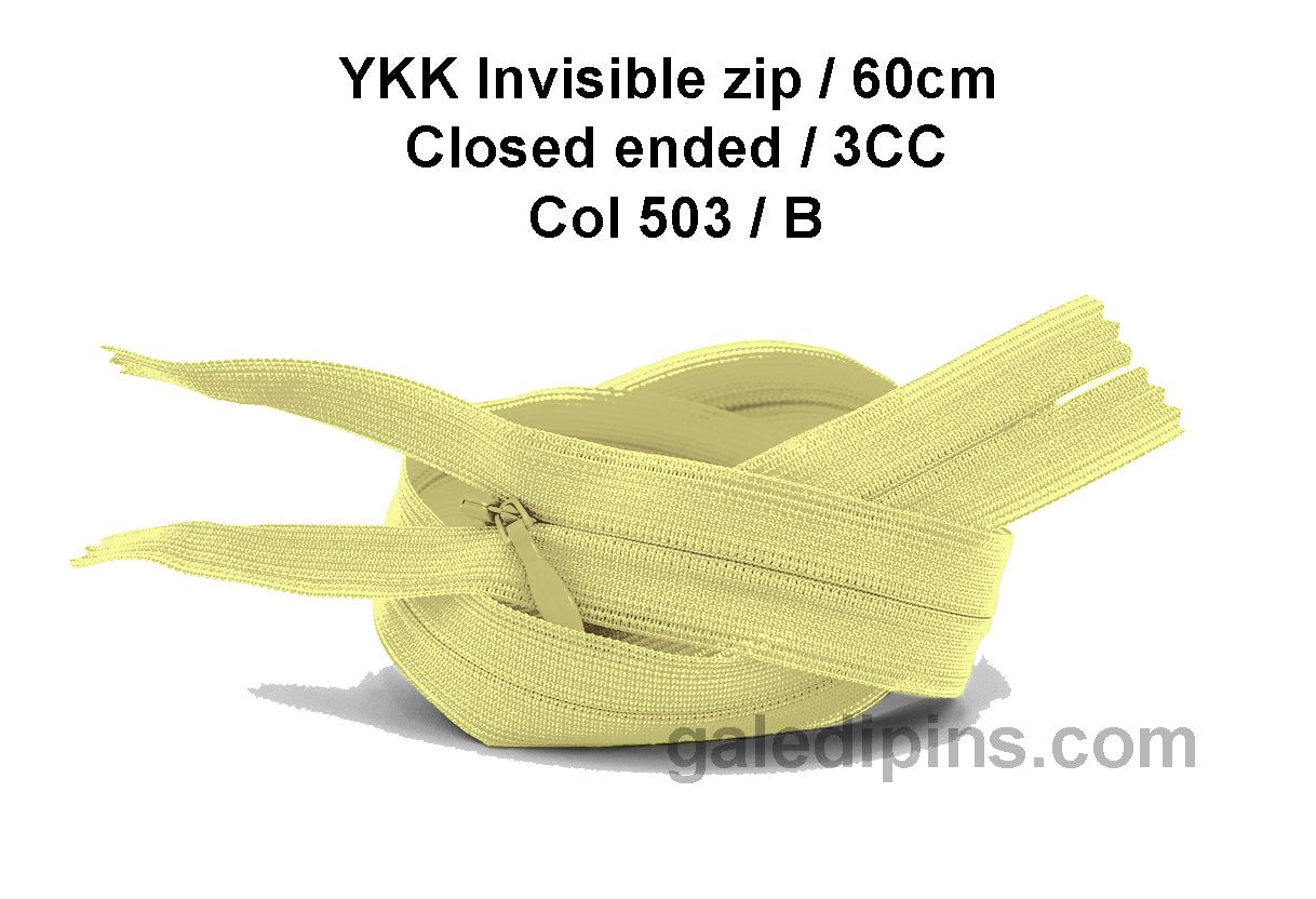 YKK Closed Ended Invisible 60cm Zip, 3cc - SHADE CARD A to E - Galedi Pins