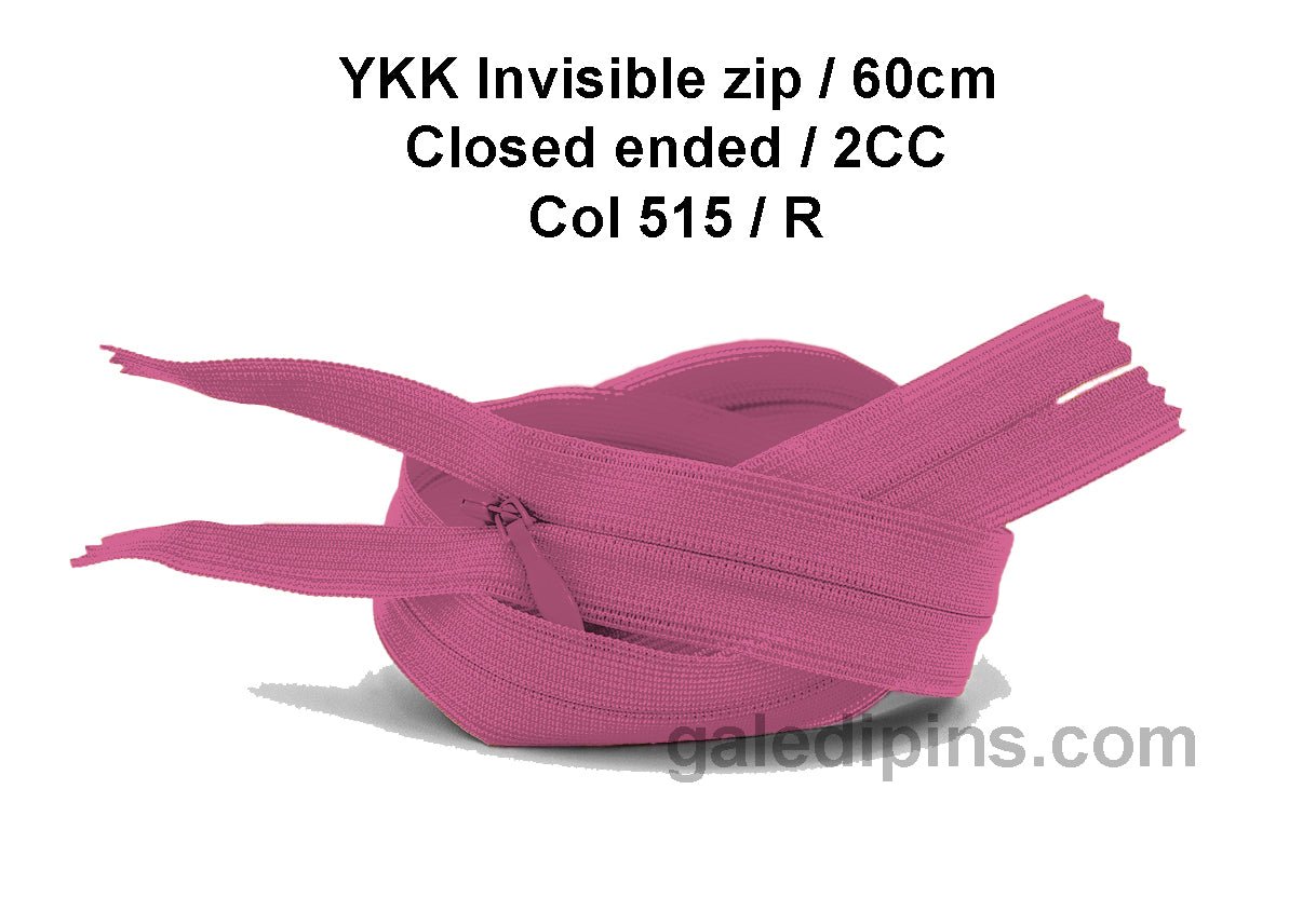 YKK Closed Ended Invisible 60cm Zip, 2cc - SHADE CARD P to T - Galedi Pins