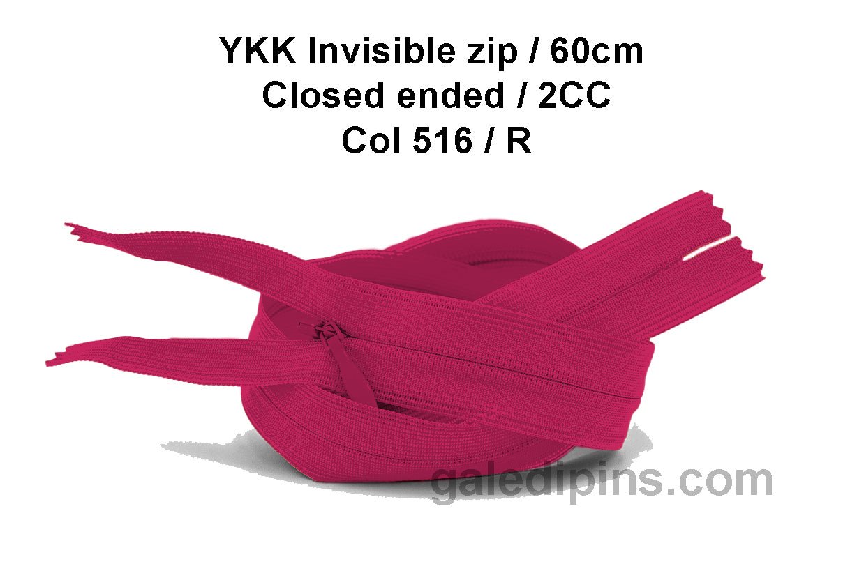 YKK Closed Ended Invisible 60cm Zip, 2cc - SHADE CARD P to T - Galedi Pins