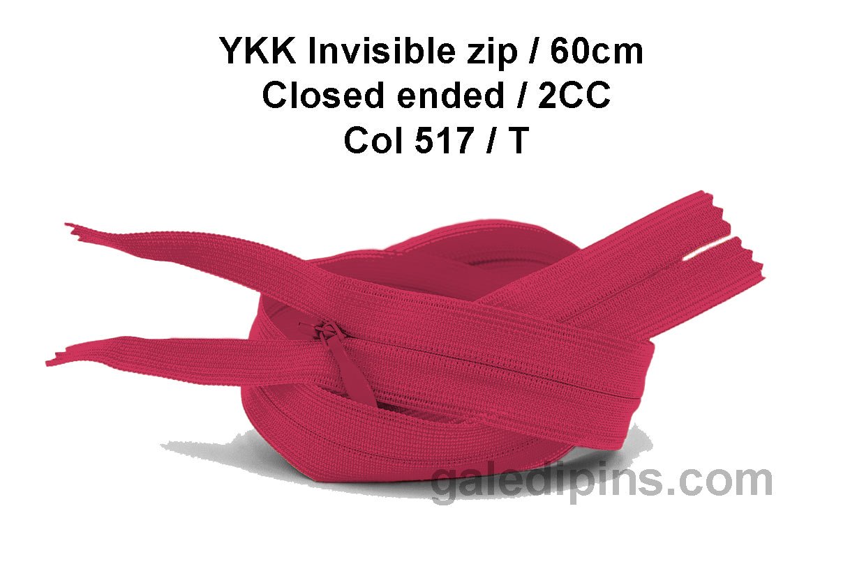 YKK Closed Ended Invisible 60cm Zip, 2cc - SHADE CARD P to T - Galedi Pins