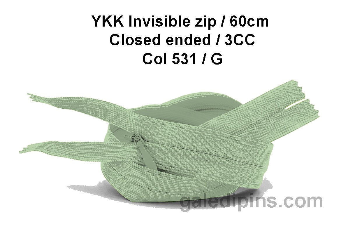 YKK Closed Ended Invisible 60cm Zip, 3cc - SHADE CARD F to J - Galedi Pins