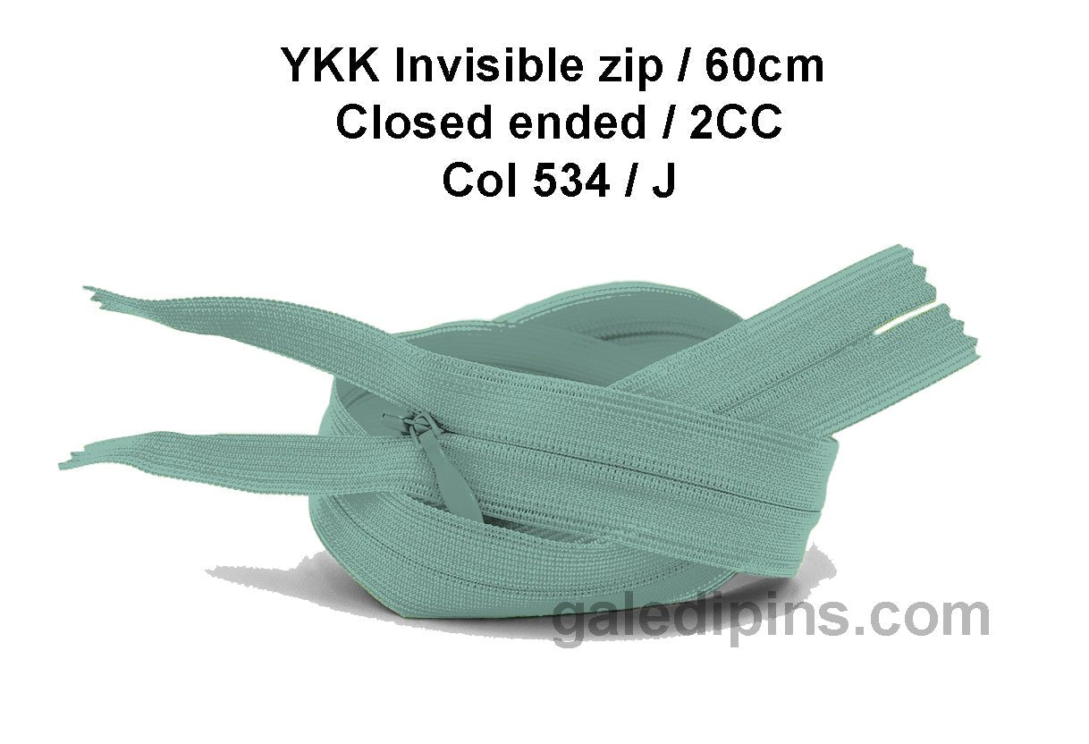YKK Closed Ended Invisible 60cm Zip, 2cc - SHADE CARD F to J - Galedi Pins