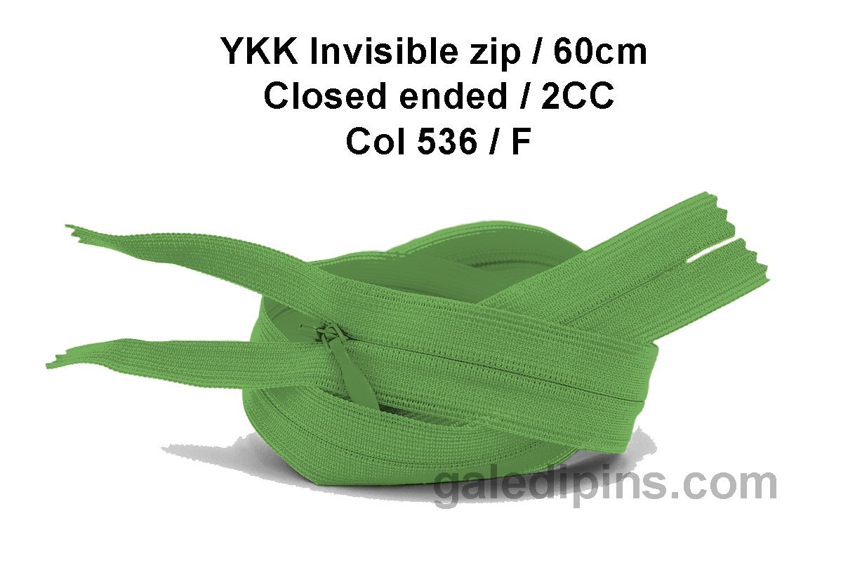 YKK Closed Ended Invisible 60cm Zip, 2cc - SHADE CARD F to J - Galedi Pins