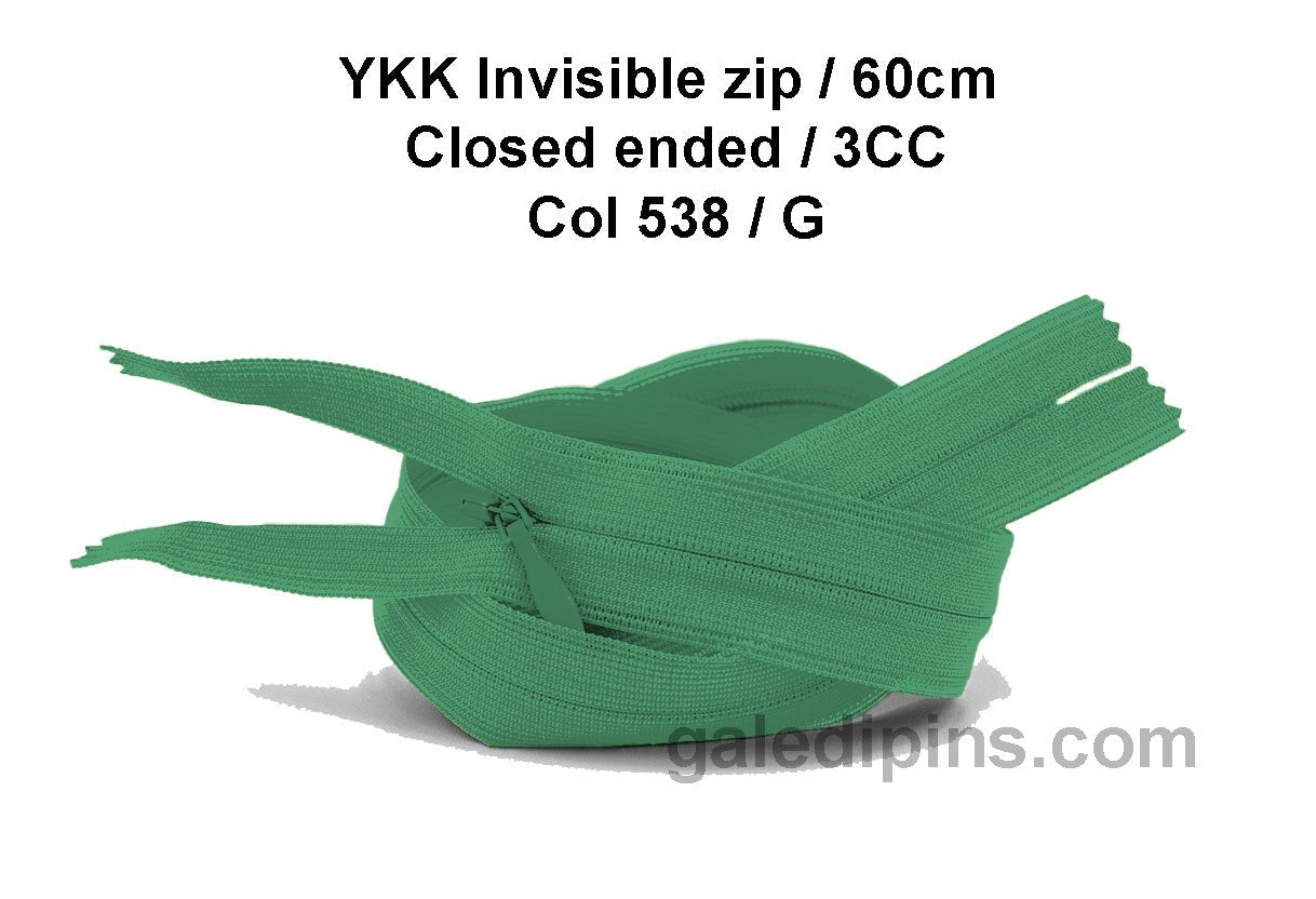 YKK Closed Ended Invisible 60cm Zip, 3cc - SHADE CARD F to J - Galedi Pins