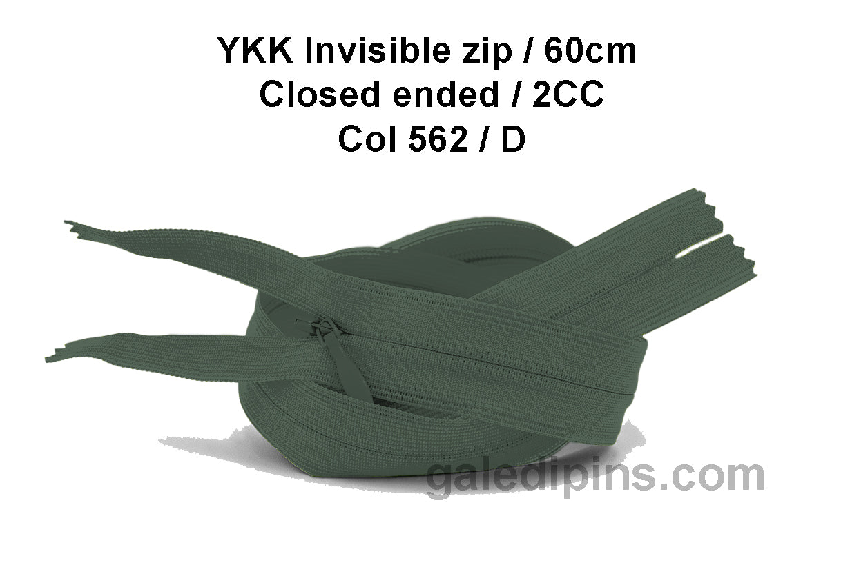 YKK Closed Ended Invisible 60cm Zip, 2cc - SHADE CARD A to E - Galedi Pins