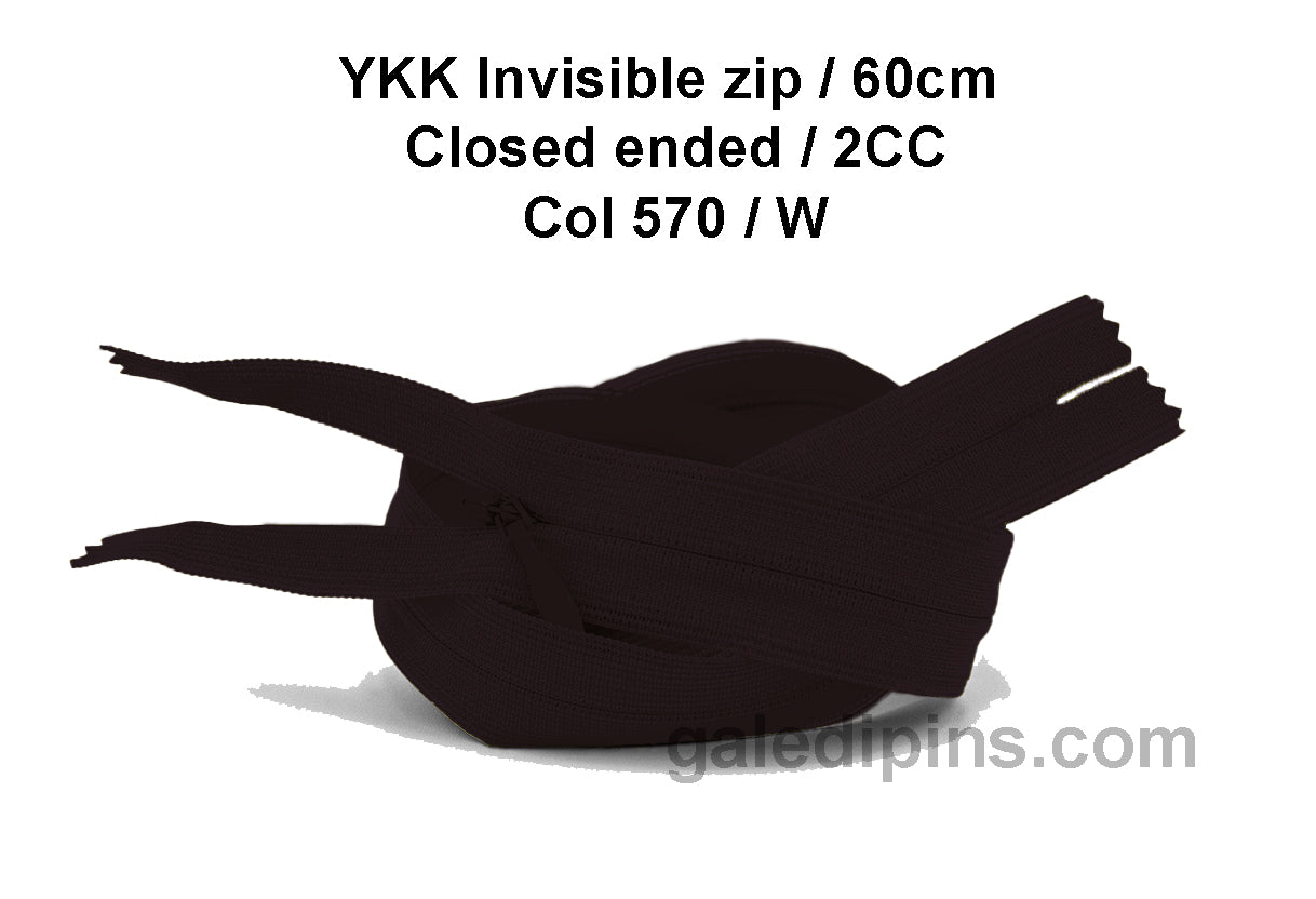 YKK Closed Ended Invisible 60cm Zip, 2cc - SHADE CARD U to Y - Galedi Pins